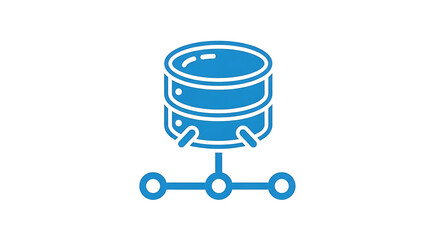 A blue database icon with three tiers connected to a network of three nodes on a white background ai generated