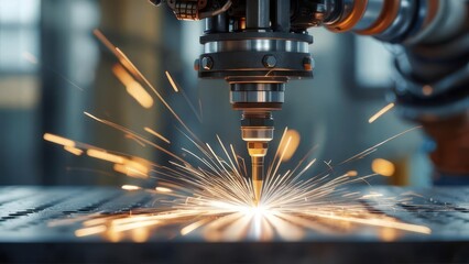 Close-up of industrial robotic arm performing precision cutting with sparks