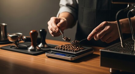 Fototapeta premium Barista arranging coffee beans on scale, cinematic cafe photography for branding