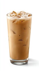 Iced coffee in a tall glass filled with ice cubes, exhibiting a creamy, light brown hue and a frothy top layer against a stark white backdrop