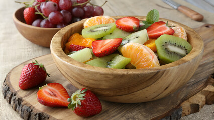 Vibrant fresh fruit salad bursting with strawberries, kiwi, oranges, and grapes, a healthy and delicious treat for any occasion