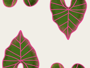 Tropical Leaf Motif Pink Outline on Green Leaves