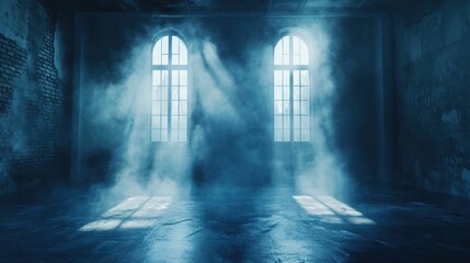 Obraz premium A dimly lit room with two tall windows, illuminated by soft light, surrounded by swirling mist, creating a mysterious and atmospheric ambiance.