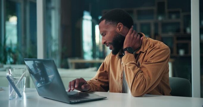 Office, employee and man laptop, neck pain and journalist with bad posture, hurt and muscle tension. Typing, article and black person with discomfort, sore and massage injury in newsroom or pressure