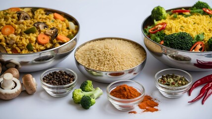 Bowls of couscous with vegetables and spices isolated on white background