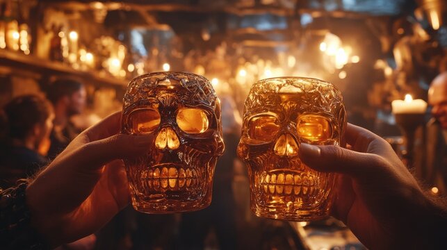 Two ornate skull-shaped glasses clink together, filled with a golden liquid, set against a dimly lit, atmospheric backdrop.