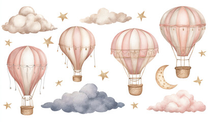 Whimsical watercolor hot air balloons with clouds stars and moon for nursery decor