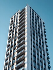 Photo of a modern white high-rise building against a bright, clear blue sky