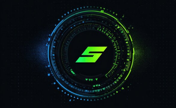 A stylized green "S" logo centrally positioned within concentric, glowing teal and green technological rings on a dark background speckled with light dots