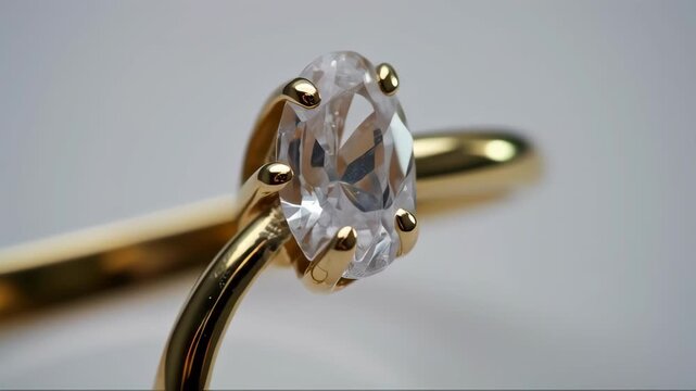 Close-up of a gold ring with an oval-shaped clear gemstone