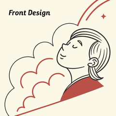 Vector art of a minimalist illustration showcases a person with closed eyes, exuding tranquility, complemented by abstract cloudlike shapes and a shooting star, set against a soft backdrop