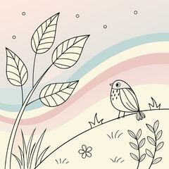 Naklejka premium Illustration of a bird on a branch with leaves and a rainbow background, , creating a whimsical and cheerful scene for childrens designs