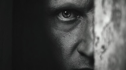 Intense human eye peeking from shadow partial face in a stark grayscale close up