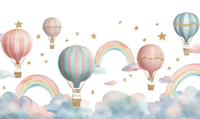 Whimsical watercolor hot air balloons and rainbows float amongst soft clouds and stars