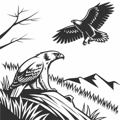 Vector art of majestic eagles soar above a serene landscape, one perched on a log amidst lush grass, the other gracefully gliding through the air against a backdrop of distant mountains
