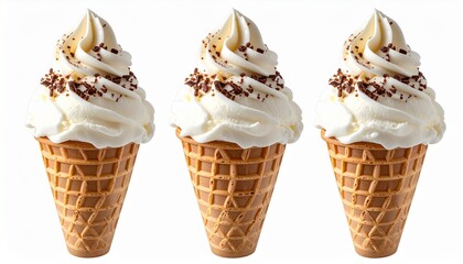A trio of classic vanilla soft serve ice cream cones with chocolate sprinkles, a perfect refreshing sweet dessert isolated on a clean white background
