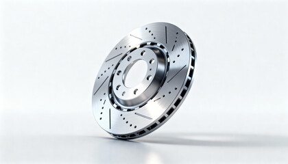 New car brake disc isolated on a white background. Performance drilled and slotted brake rotor. Auto spare part for vehicle tuning, service, or racing. Metallic steel concept.