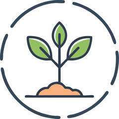 A simple line-art icon of a small plant sprout in soil, inside a circle. A minimalist logo for growth, nature, and eco concepts. Generative AI