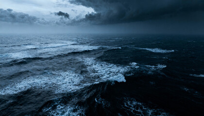 Aerial view of a dramatic stormy sea with dark churning waves and a threatening sky. Powerful nature background. Concept of tempest, hurricane, rough water, and marine.