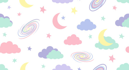 Pastel Colored Celestial Seamless Pattern with Clouds and Galaxies.
