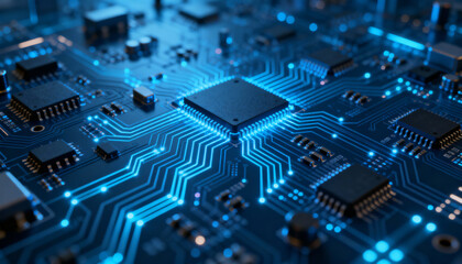 Futuristic high-tech circuit board with a glowing blue central processing unit. Concept of AI, data processing, technology, and information flow on a computer motherboard.