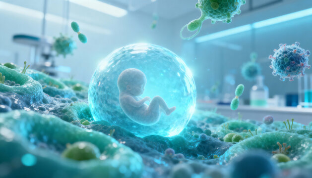 Embryonic stem cell therapy concept with human embryo in a protective bubble. Abstract medical illustration of biotechnology, genetic engineering, and cellular research in a lab.
