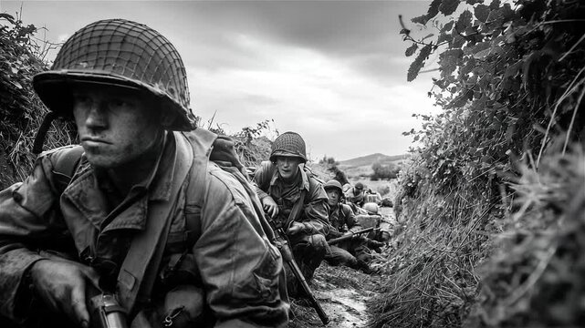 A group of distinctively uniformed soldiers, some wearing gas masks, stand huddled together or looking out over the parapet. WW2 AI generated scene