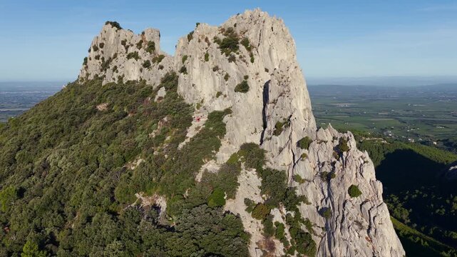 Aerial flyover above the Dentelles de Montmirail in Provence France at Le Mont Ventoux