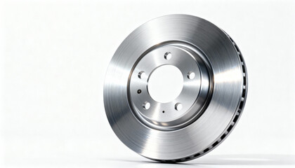 New car brake disc with a shiny polished surface isolated on white. Automotive rotor spare part for vehicle service and repair. Concept of car maintenance and safety.