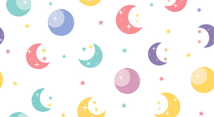 Cute colorful pastel moons and stars seamless pattern illustration.