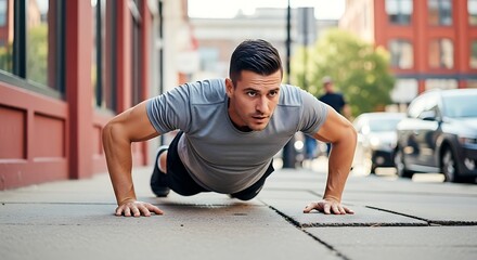 Fototapeta premium Man doing pushups workout on sidewalk urban fitness training exercise street workout healthy lifestyle