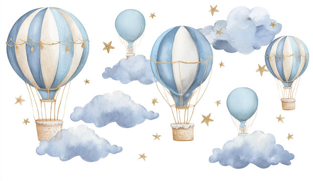 Whimsical watercolor hot air balloons and clouds in soft blue tones with gold stars