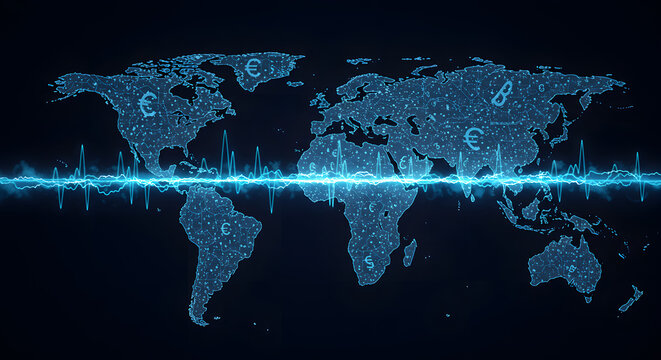 Digital World Map with Financial Currency Symbols and High-Frequency Trading Pulse, Depicting Global Economic Volatility and Interconnected Financial Networks - Powered by Adobe