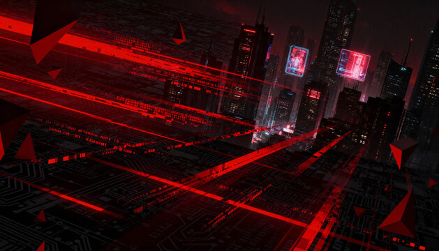Dark cyberpunk city of the future. Abstract digital background with glowing red data streams on a circuit board. Metaverse, virtual reality, technology, and cybersecurity concept. - Powered by Adobe