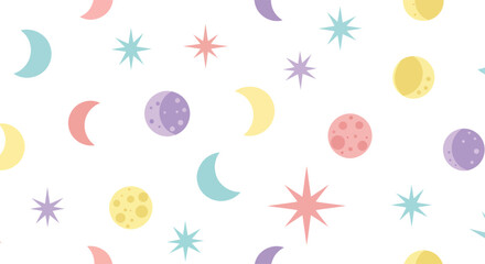 Whimsical Celestial Pattern with Pastel Moons and Stars.