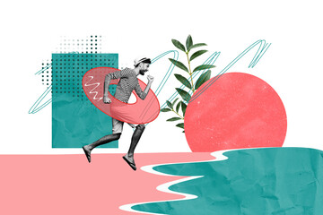 Creative picture collage young running man lifeguard water circle jump water seaside beach flora environment resort vacation