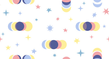 Colorful Pastel Moon Phases and Stars Seamless Pattern.