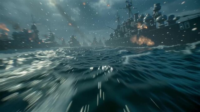 FPV drone shot,  skimming just above the choppy surface of the sea, during a sea battle in WW2. AI generated