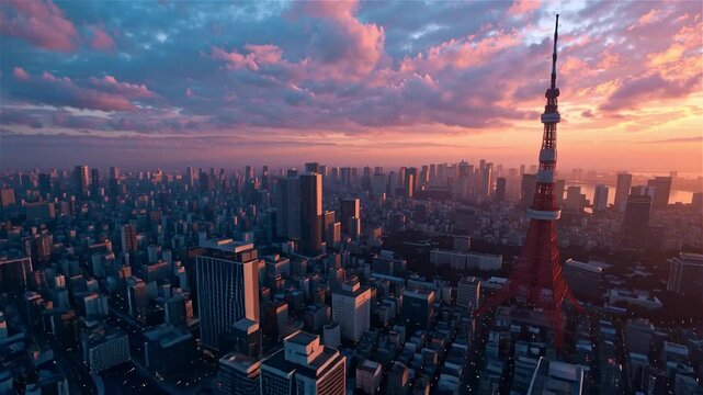 FPV drone shot, flying fast over the rooftops of buildings in Tokyo at sunset