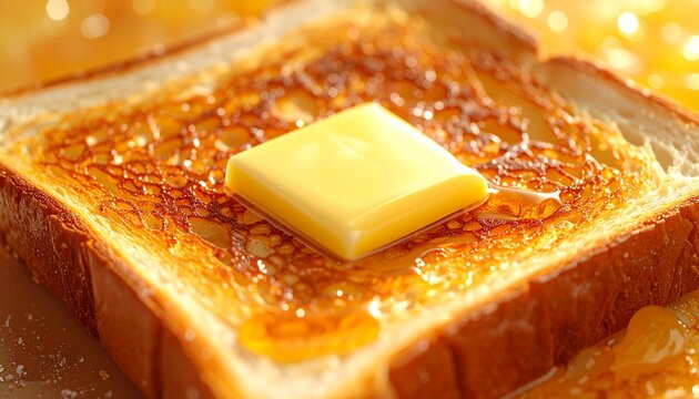 A ultra hyper-realistic, macro shot of a perfect, golden-brown toast, its surface buttered. - Powered by Adobe
