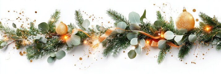 Festive garland with pinecones and eucalyptus accented by string lights and dusting of snow