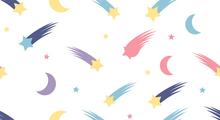 Cute Cartoon Shooting Stars and Moons Seamless Pattern.