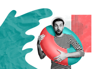 Creative image photo picture collage young amazed man tourist vacation water circle swimming ocean seaside resort weekend summertime