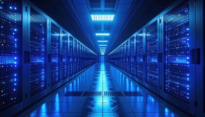 Fototapeta premium Ethereal Blue: Deep Dive into a Modern Data Center's Illuminated Server Racks