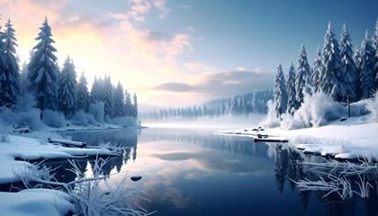 Serene winter landscape with a snowy forest, tranquil river, and a calm lake. Peaceful nature scene with a soft glow