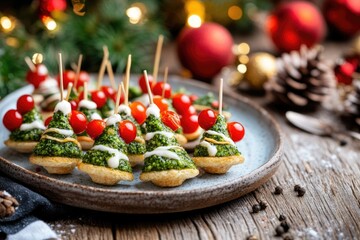 Festive christmas tree appetizers with cheese, broccoli, and tomatoes on holiday platter