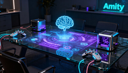 AI concept with holographic brain over a futuristic interface. Advanced technology for data visualization, neural network research, and innovation in a cyberpunk meeting room.