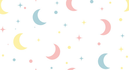 Pastel colored crescent moons and stars pattern on white background.
