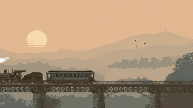 Vintage train sunset landscape