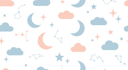 Cute Pastel Seamless Pattern with Moons Stars and Clouds.